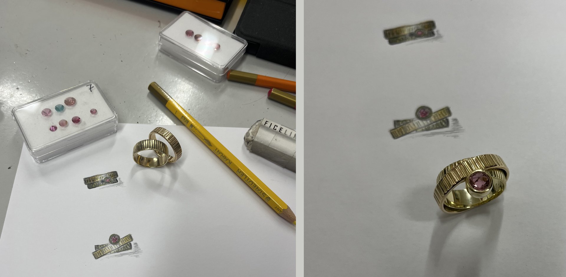 Edelsteine und kolorierte Ringskizzen auf der Werkbank neben dem fertigen Goldring