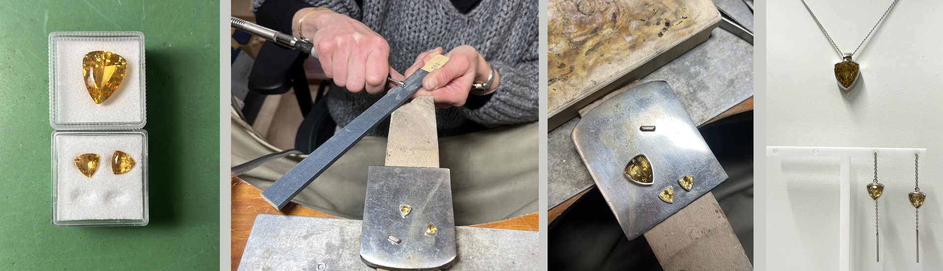 Vier Schritte: gelbe Edelsteine im Kästchen, Arbeit an der Werkbank, Fassung in Arbeit, fertiges Collier mit passenden Ohrhängern